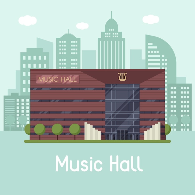 Paisagem da prefeitura de música. orquestra filarmônica moderna ou sala de concertos no fundo da cidade moderna. ilustração em vetor edifício público em design plano.