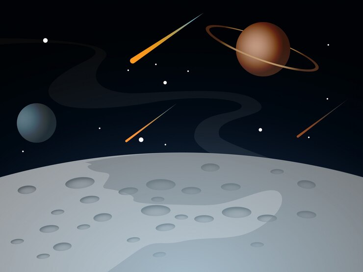 Vetor paisagem da superfície da lua com planetas e estrelas