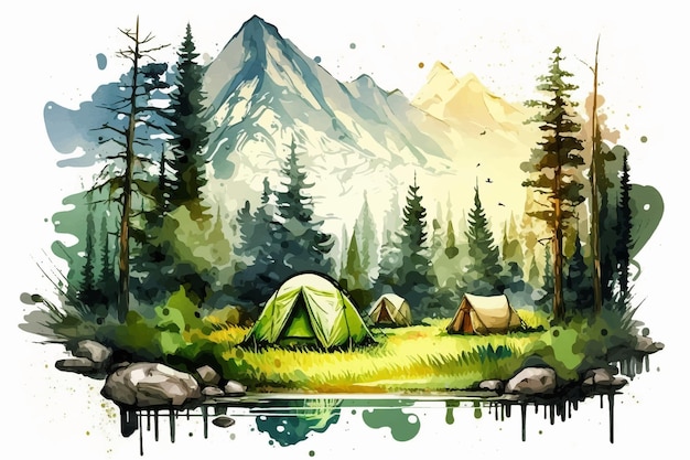 Paisagem de acampamento com fundo de montanhas Ilustração em vetor aquarela