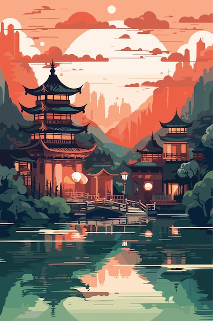 Paisagem de aldeia da China à noite Ilustração plana vetorial