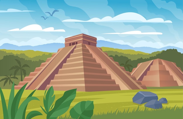 Vetor paisagem de antigas pirâmides maias com marcos sul-americanos chichen itza e templos kukulkan.