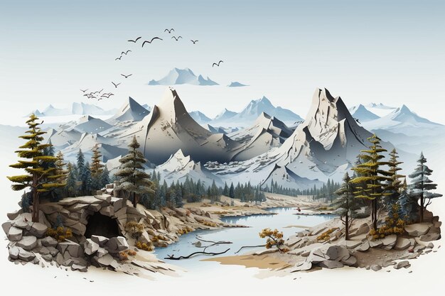 Vetor paisagem de aquarela com montanhas floresta e rio na frente bela paisagem