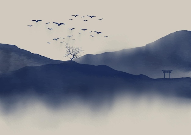 Paisagem de aquarela temática japonesa pintada à mão