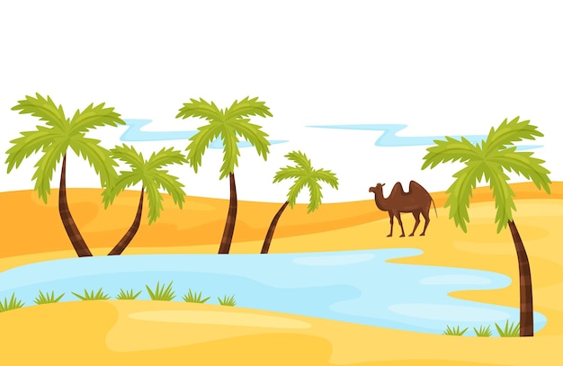 Paisagem de areia com lago azul camelo castanho e palmeira Oásis no deserto Paisagem natural Design gráfico para crianças livro ou cartaz de agência de viagens Ilustração vetorial colorida em estilo plano