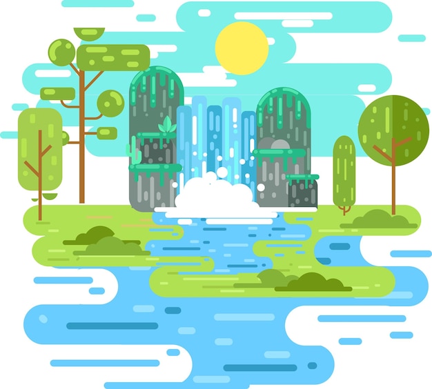 Paisagem de cachoeira em ilustração de design plano