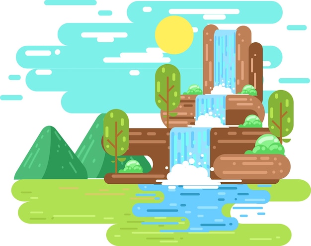 Paisagem de cachoeira em ilustração de design plano