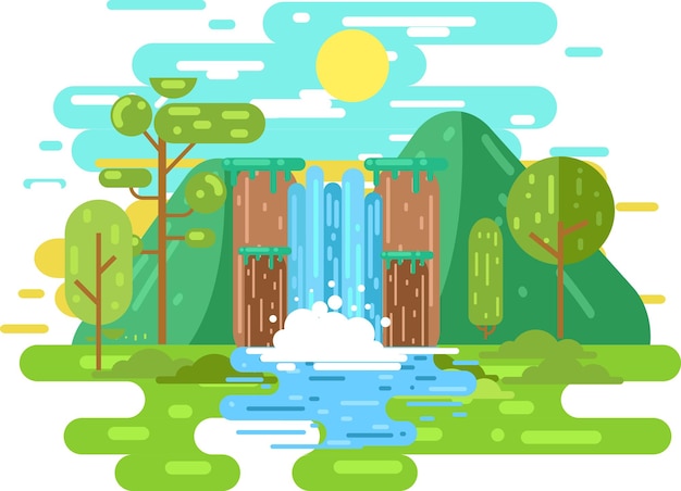 Paisagem de cachoeira em ilustração de design plano