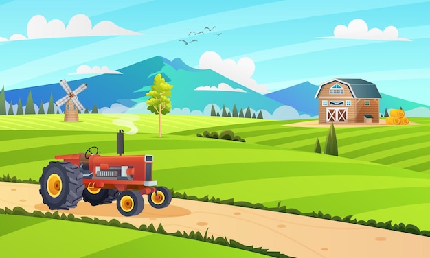 Paisagem de campo agrícola rural com conceito de ilustração de desenho animado de trator e edifícios