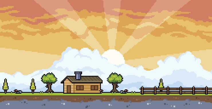 Vetor paisagem de casa de campo de pixel art com fundo de pôr do sol e nuvens fundo de jogo de 8 bits