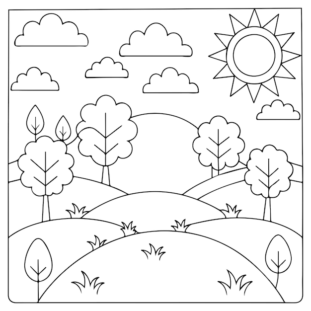 Paisagem de colinas ensolaradas para livros infantis ilustração vetorial