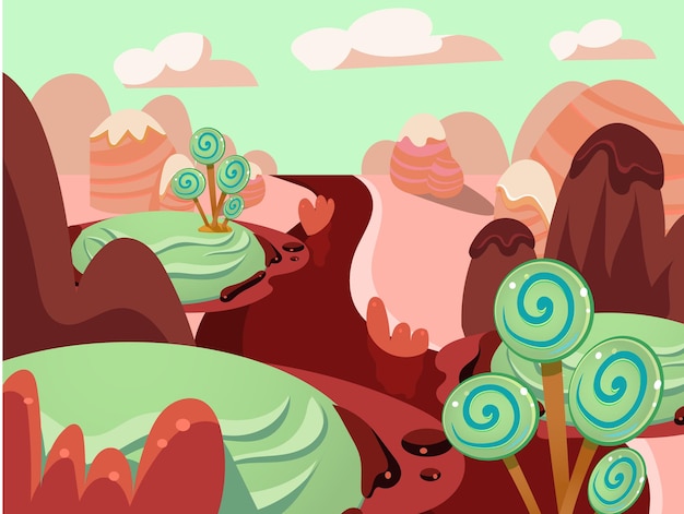 Paisagem de conto de fadas dos desenhos animados. ilustração candy land para o fundo do jogo