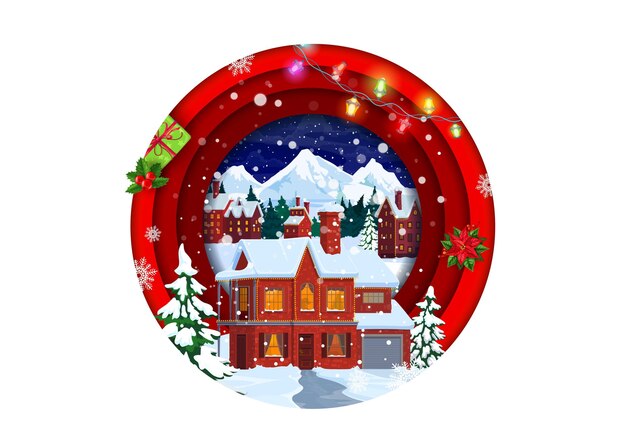 Paisagem de corte de papel de Natal com construção de casa de inverno e presentes vetor Felizes férias vila de Natal ou cidade com casas nevadas em quadro de círculo de camadas 3d luzes de Natal presentes e flocos de neve
