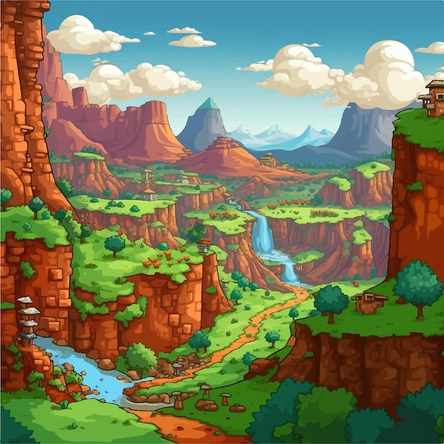 Vetor paisagem de desenho animado com fundo de jogo de rio e montanhas