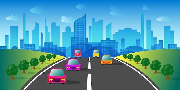 Paisagem de edifício com estrada e carro em ilustração vetorial para design de fundo