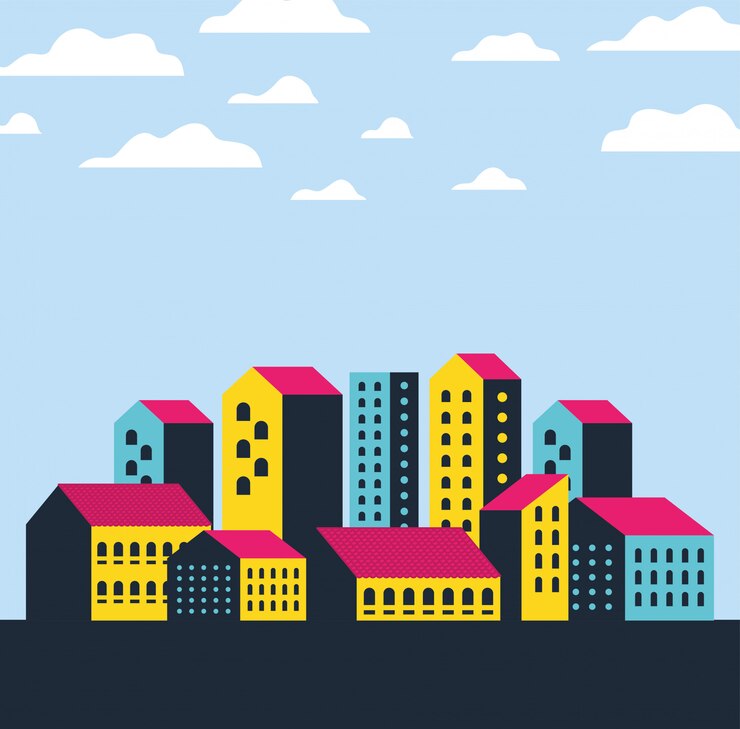 Vetor paisagem de edifícios cidade azul e rosa amarela com nuvens