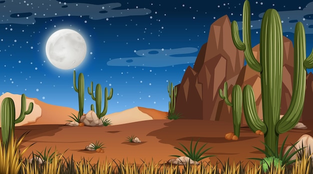 Paisagem de floresta deserta à noite com muitos cactos