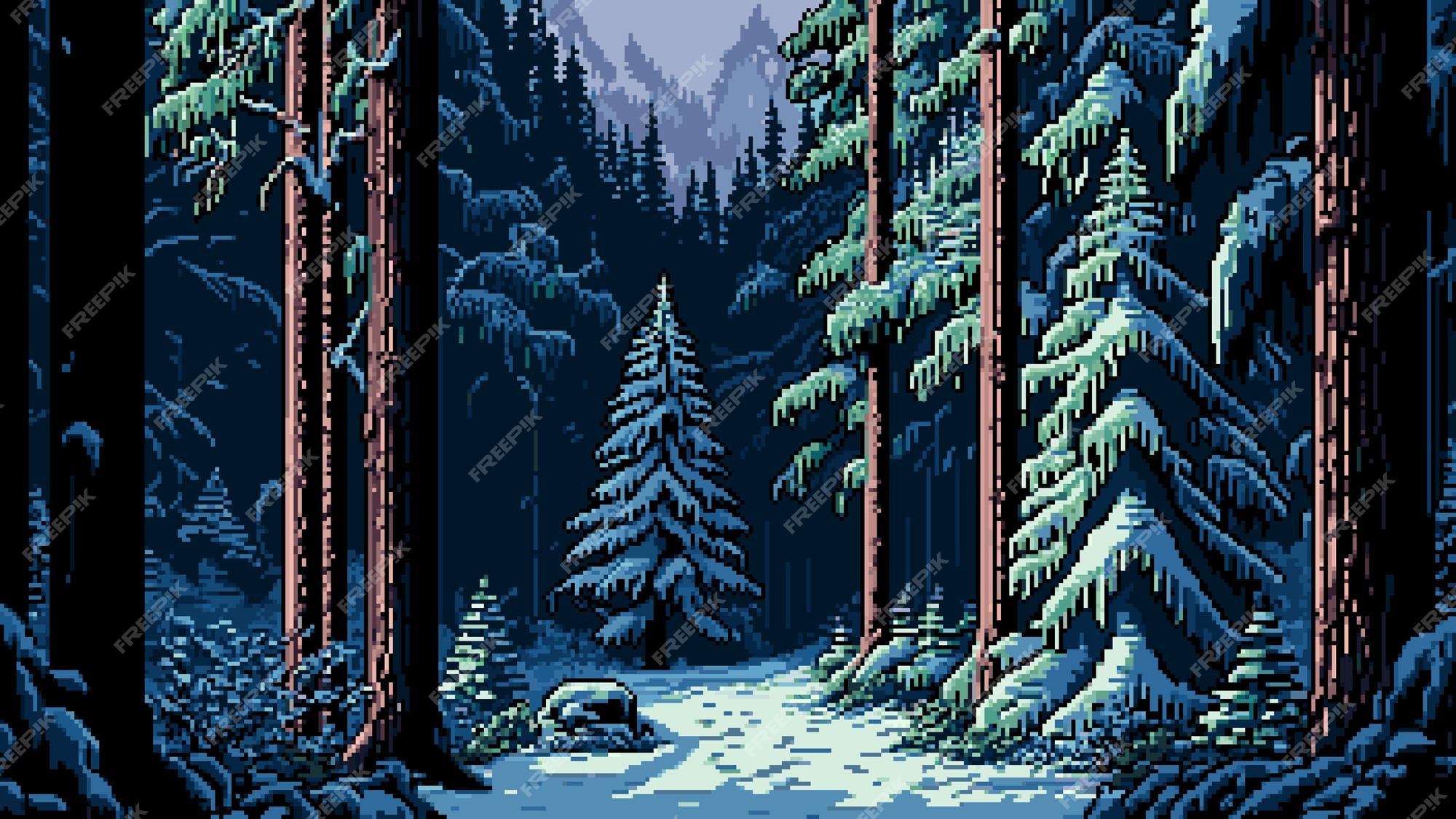 Fundo sem costura de pixel art localização com montanhas nevadas à noite  paisagem para jogo