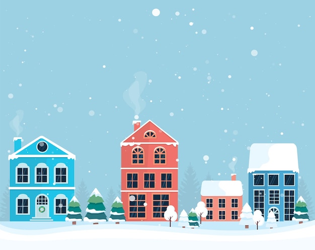 Paisagem de inverno. Aldeia de Natal de inverno. Casa colorida. Ilustração vetorial