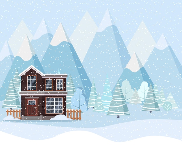 Vetor paisagem de inverno com casa de campo, árvores de inverno, abetos vermelhos, montanhas, neve em estilo simples de desenho animado. ilustração de fundo do vetor de natal.