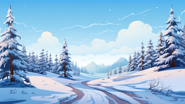 Vetor paisagem de inverno com uma estrada e árvores