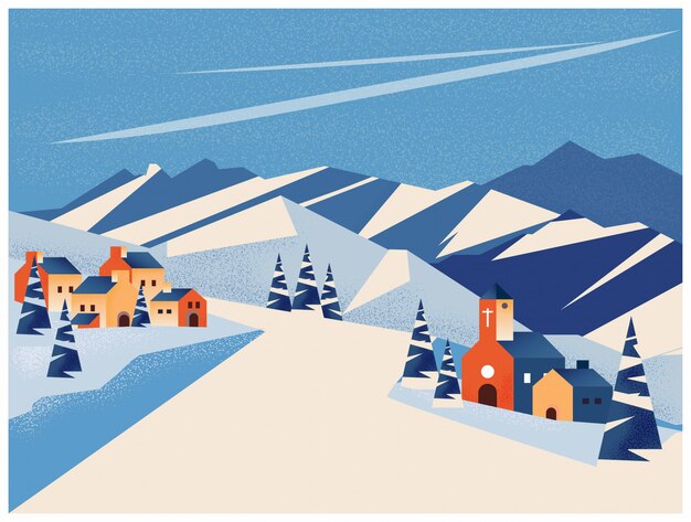 Vetor paisagem de inverno da pequena aldeia na montanha ou pico