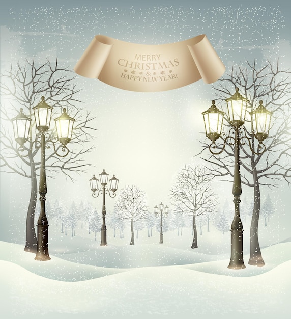 Vetor paisagem de inverno de natal com postes de luz e sinal de papel vintage vector