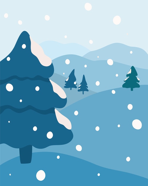 Paisagem de inverno, neve na floresta. abetos, montanhas e neve. plano de fundo para banners, cartões, cartazes e publicidade, ilustração vetorial de feliz ano novo e feliz natal