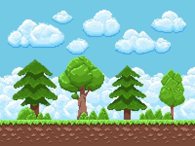 Paisagem de jogo de pixel com árvores, céu e nuvens para jogo de arcade vintage de 8 bits