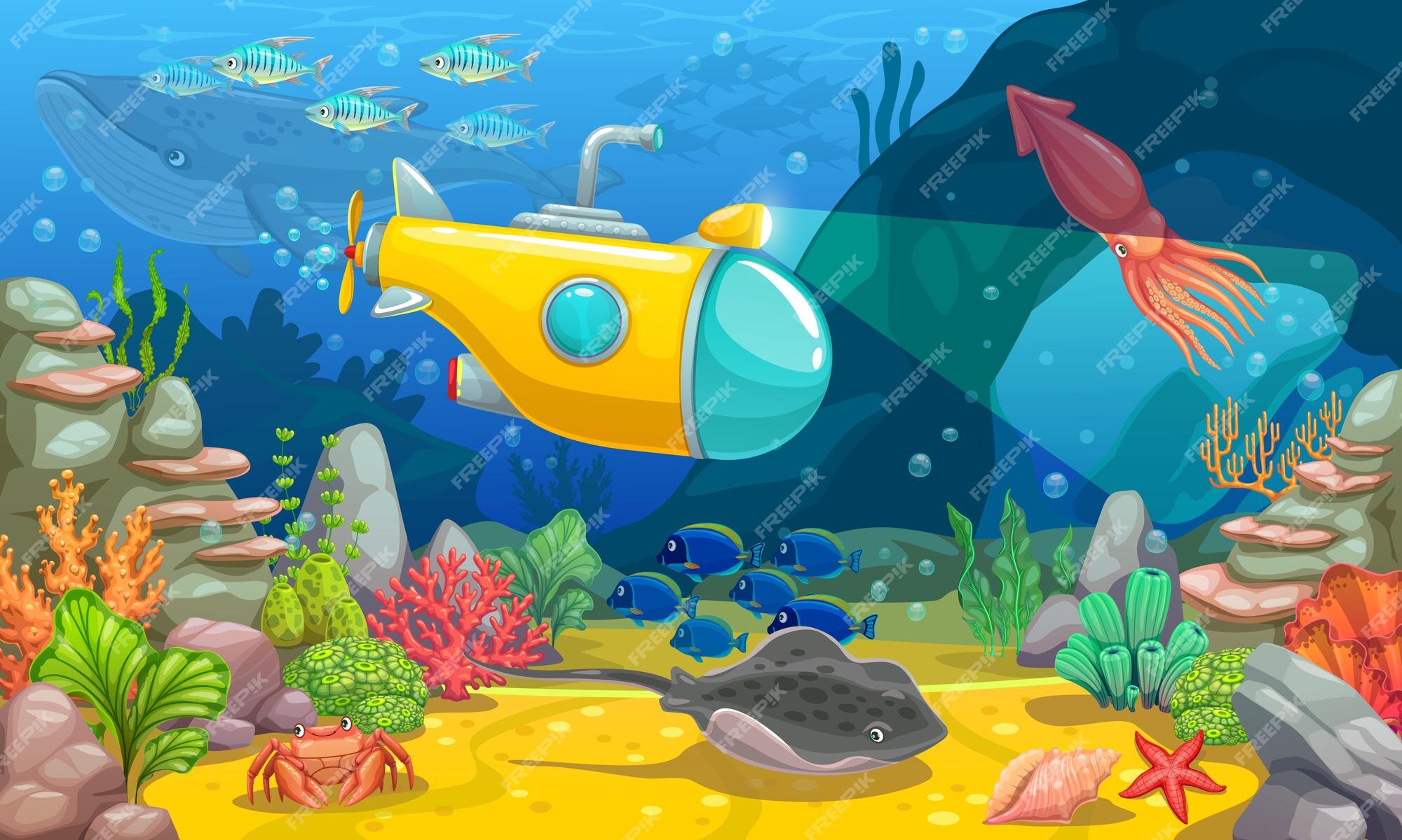 Nível de jogo de mar de paisagem subaquática de desenho animado com animais  de algas e fundo de vetor de baú de tesouro aventura oceânica e nível de  jogo mundial de recife de coral com paisagem de mar peixes lulas e  caranguejos