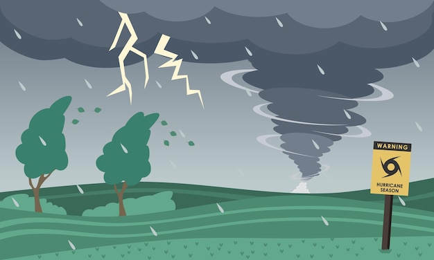 Vetor paisagem de mau tempo com tornado, furacão e sinal de desastre ilustração vetorial