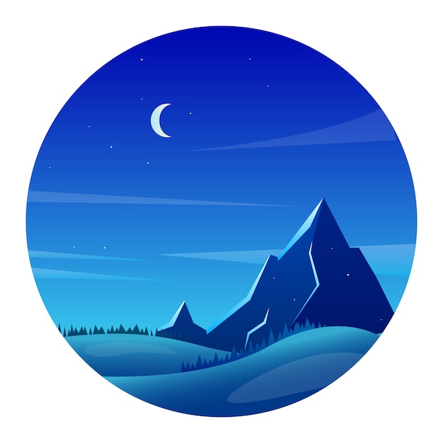 Vetor paisagem de montanha à noite com floresta e colinas em estilo simples