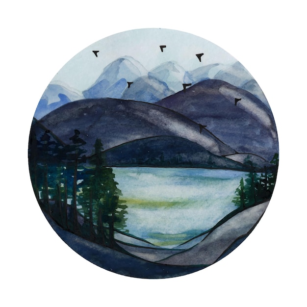 Paisagem de montanha aquarela com uma floresta de coníferas e um lago em tons de azul