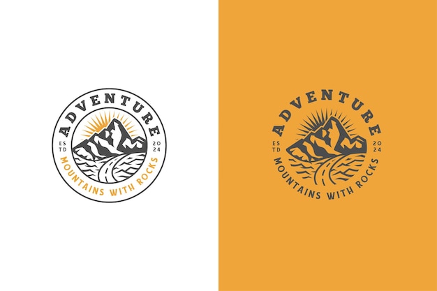 Vetor paisagem de montanha com rochas ao nascer do sol mar e sol para hipster adventure logotipo de viagem pode ser usado cruz de motociclista