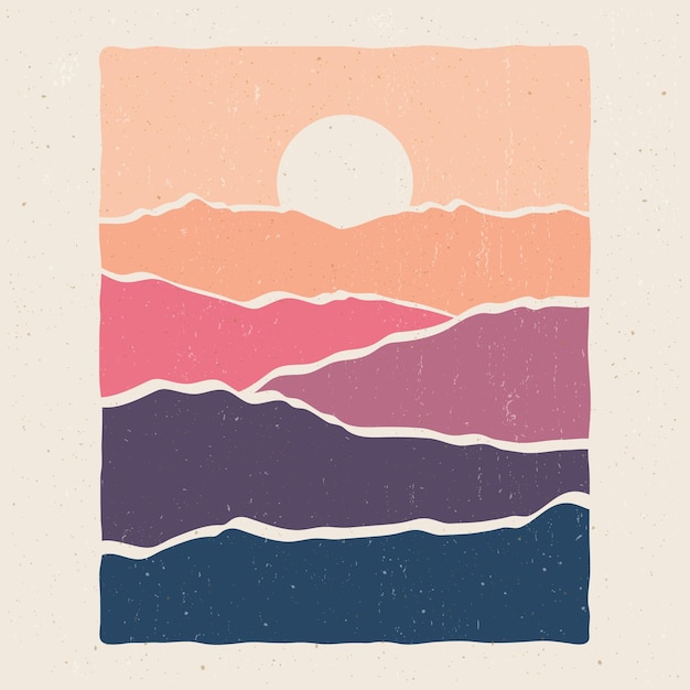 Paisagem de montanha minimalista de boho com ilustração do sun vector