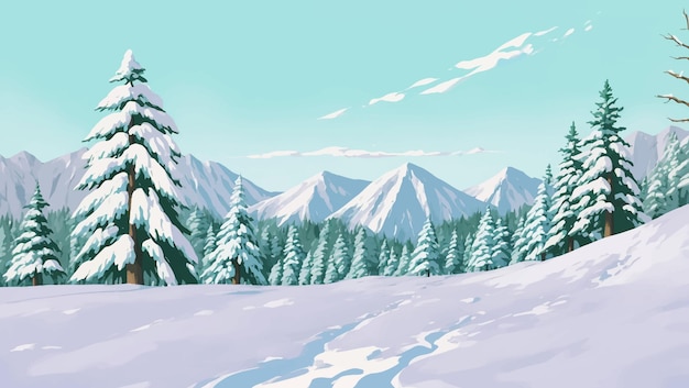 Paisagem de montanha nevada com ilustração de pintura desenhada à mão de pinheiros