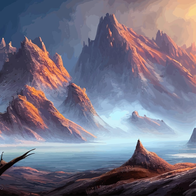Vetor paisagem de montanha paisagem de montanha ilustração vetorial de fundo abstrato tema de fantasia manhã