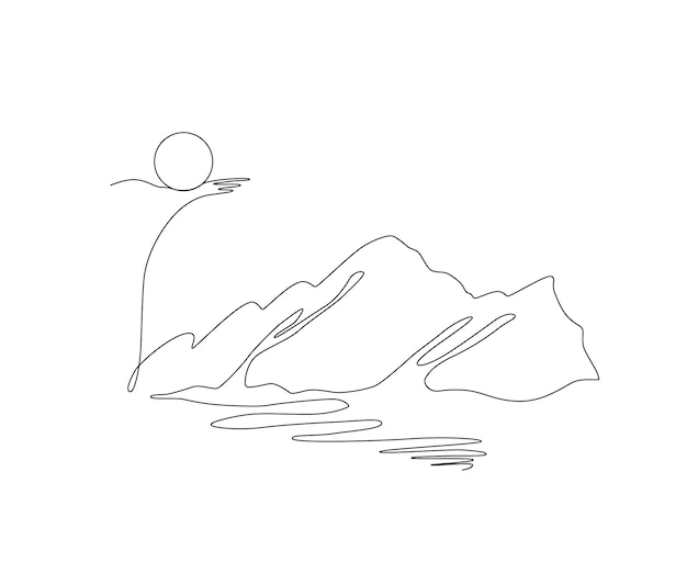 Vetor paisagem de montanha sol e mar um desenho de linha contínua viagem vetorial conceito minimalista