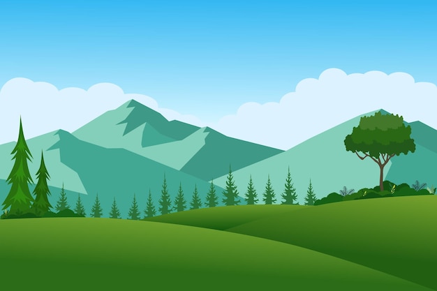 Paisagem de montanhas com prados verdes e árvores de manhã ilustração vetorial