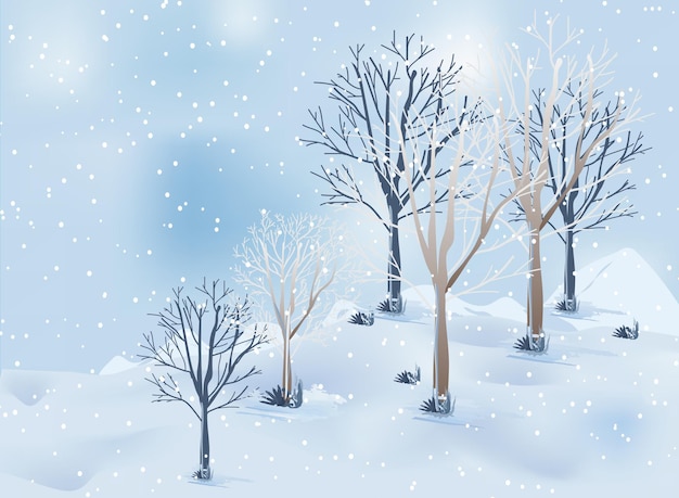 Paisagem de montanhas de inverno com montanhas e árvores em fundo vetorial com flocos de neve caindo de