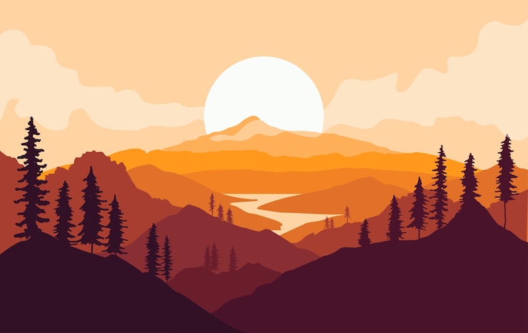 Vetor paisagem de montanhas de outono com silhuetas de árvores e rio ao pôr do sol.
