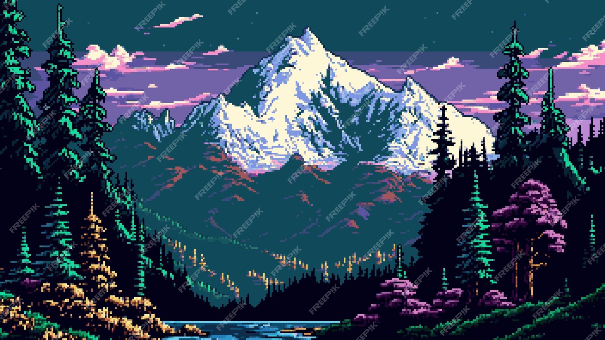 Fundo sem costura de pixel art localização com montanhas nevadas à noite  paisagem para jogo