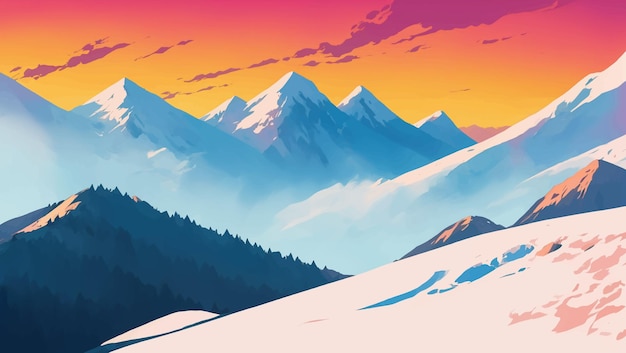 Vetor paisagem de montanhas nevadas durante o crepúsculo ou o amanhecer com ilustração de pintura desenhada à mão de cores vibrantes