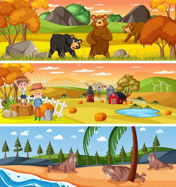 Paisagem de natureza diferente em cena diurna com personagem de desenho animado