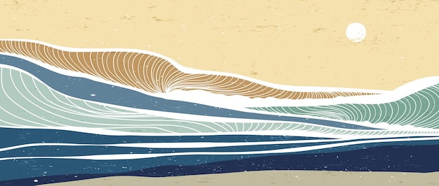 Paisagem de ondas do mar impressão criativa de arte moderna minimalista fundos estéticos contemporâneos abstratos paisagens com ilustrações vetoriais de skyline de colina de mar de ondas do mar