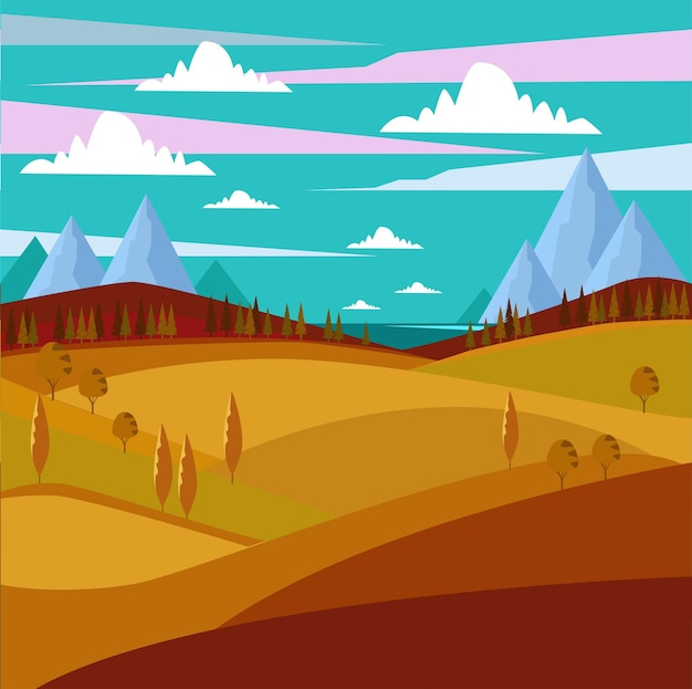 Paisagem de outono. Campos, montanhas, árvores, um lago. Uma ilustração em um laranja, esquema de cores de outono.