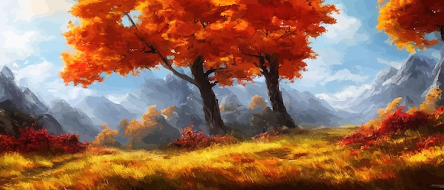 Vetor paisagem de outono com árvores montanhas paisagem rural ilustração vetorial de fundo de outono