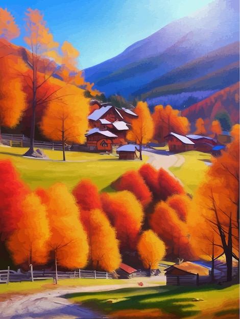 Vetor paisagem de outono com casas e montanhas lindas laranjeiras num dia ensolarado ao longo da estrada