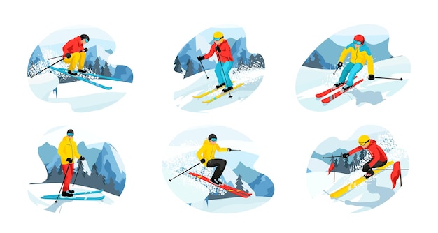 Paisagem de pessoas esquiando snowboard no resort de natureza de montanhas Esquiadores na encosta da montanha de neve nos Alpes Atividades esportivas de inverno ao ar livre Esquiador andando na neve criança na ilustração vetorial de esqui