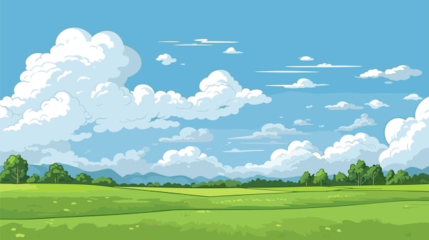Paisagem de prado com grama céu azul com nuvens brancas ilustração vetor ensolarado dia de verão