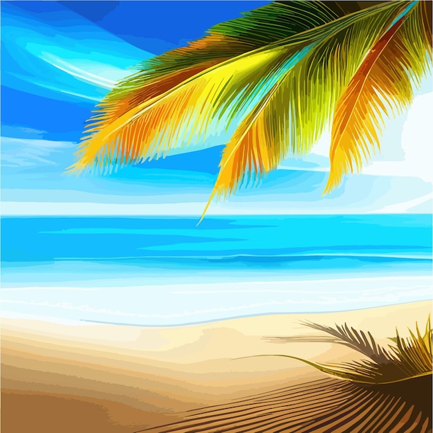Vetor paisagem de praia exótica de verão costa arenosa com palmeiras verdes e ilustração vetorial do mar azul